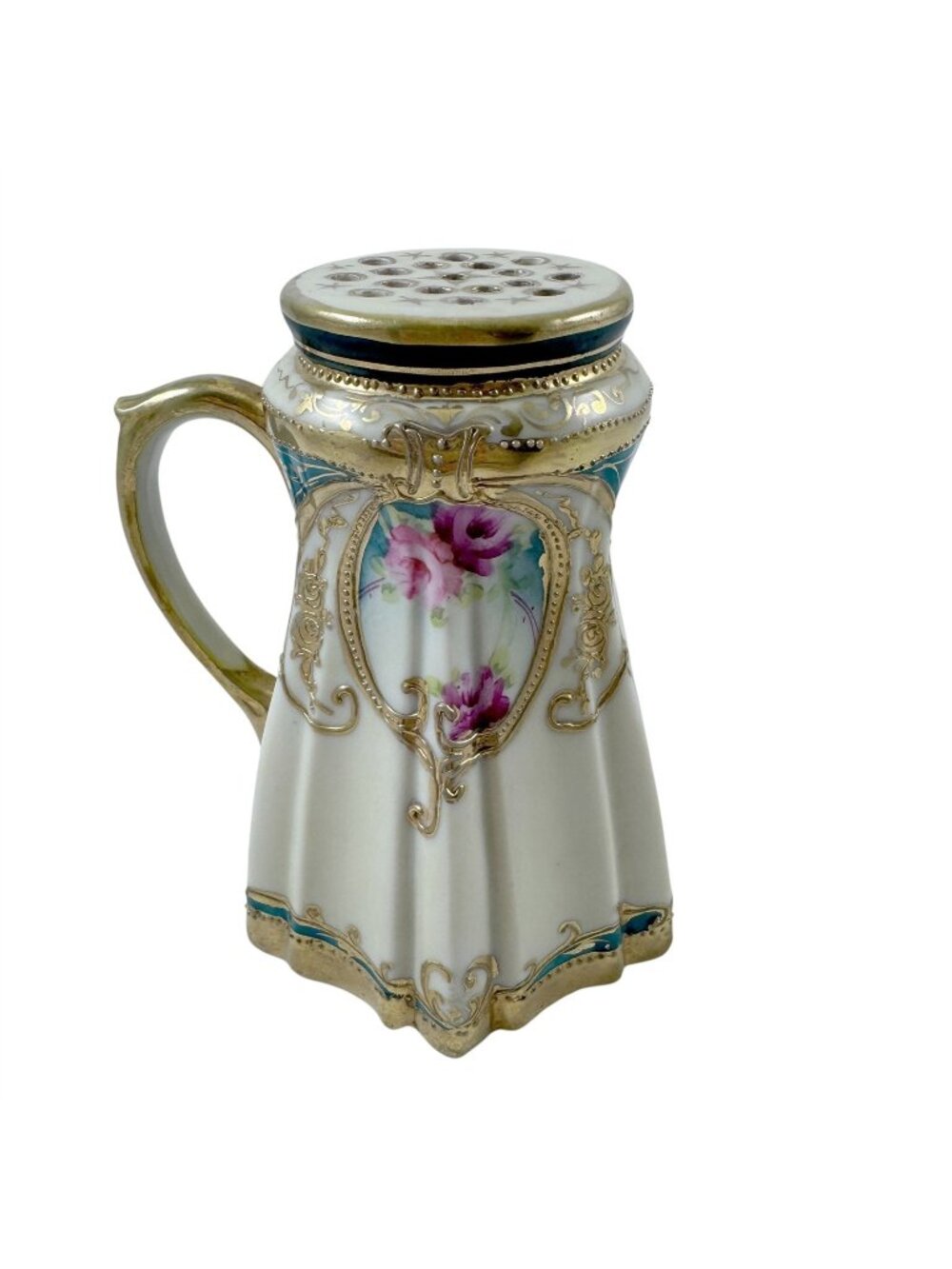 Antique Sugar Shaker Muffineer Hand Painted Porcelain Gold Gilt Nippon